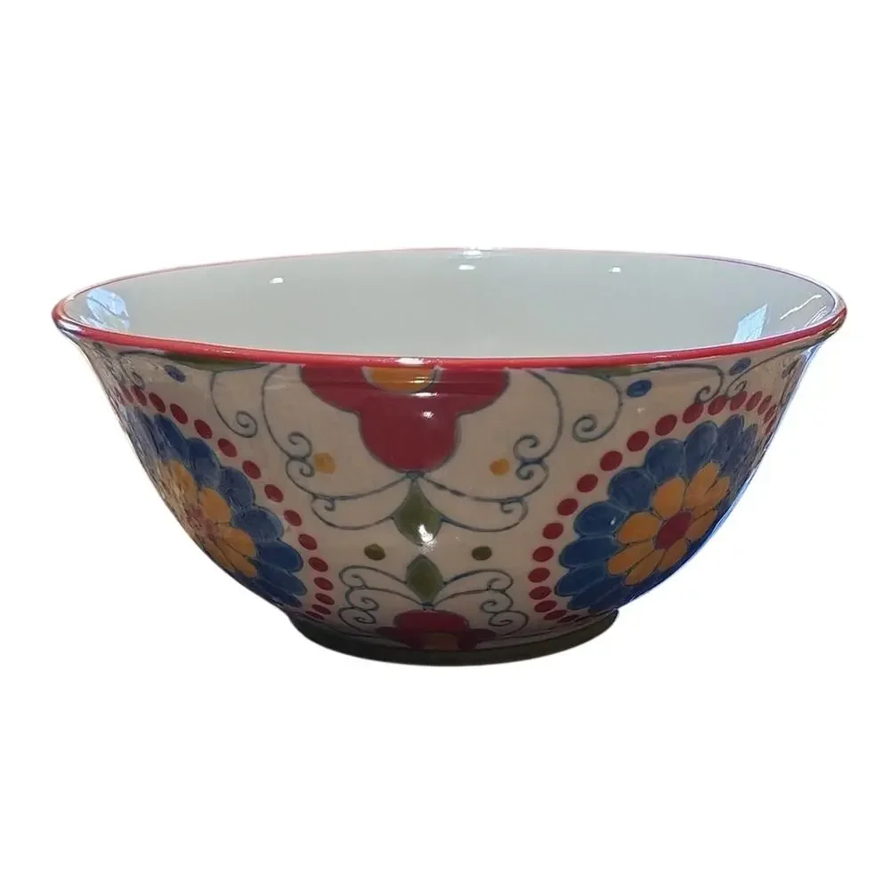 Pier 1 Floral Ceramic Bowls with Red and Blue Accents (Set Of 2)